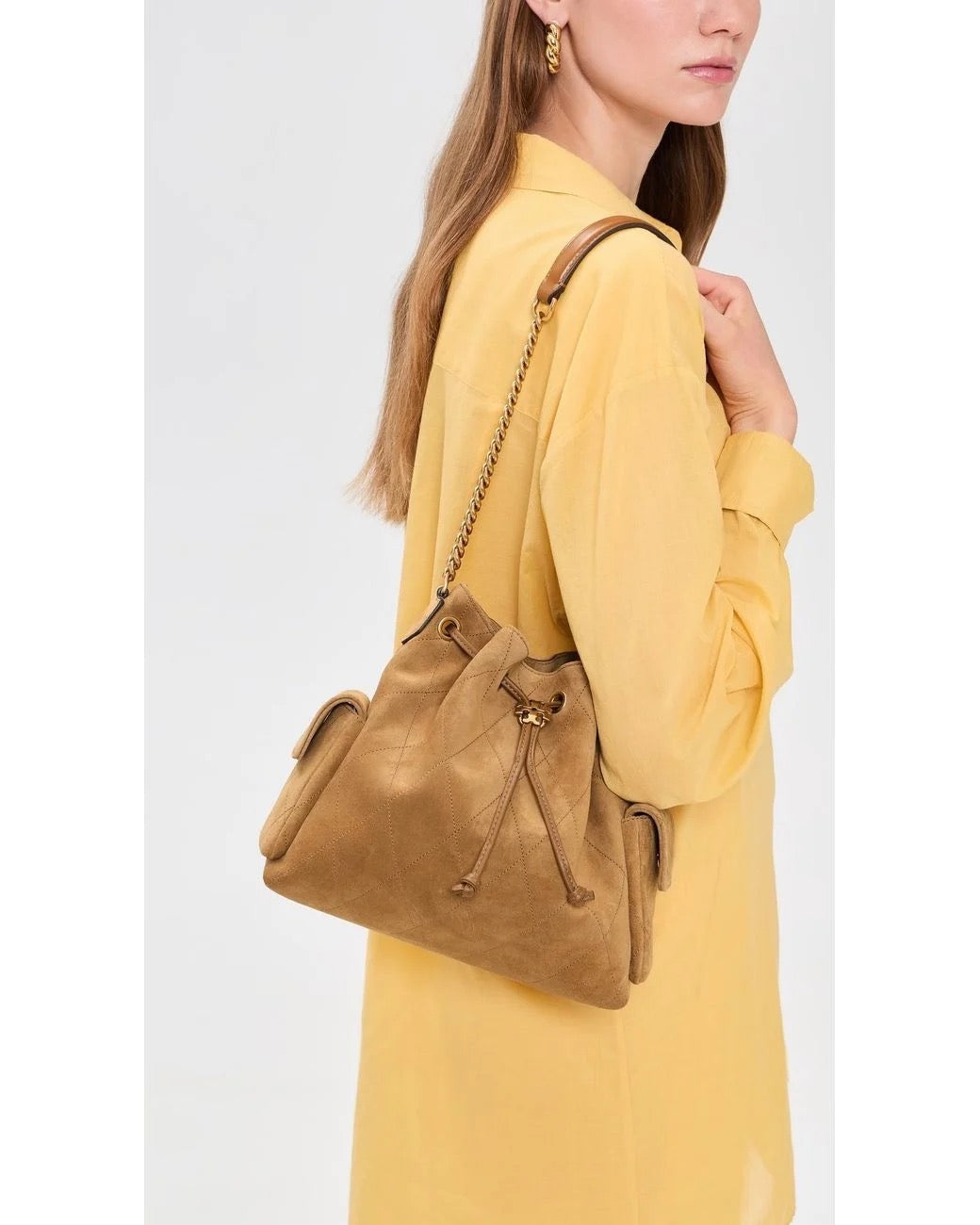 Charlie Quilted Suede Drawstring Shoulder Bag