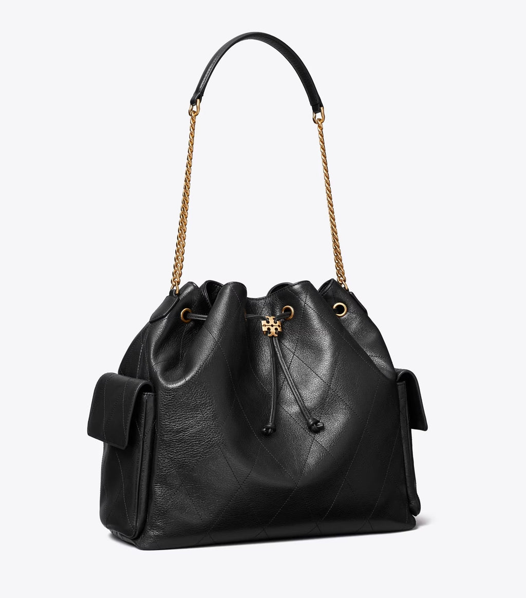 Large Charlie Quilted Drawstring Shoulder Bag Black