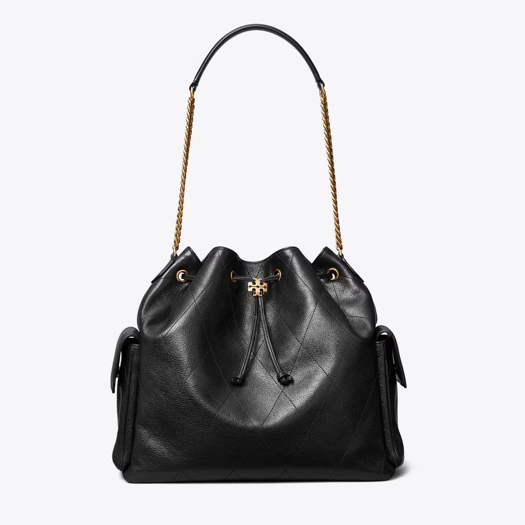 Large Charlie Quilted Drawstring Shoulder Bag Black