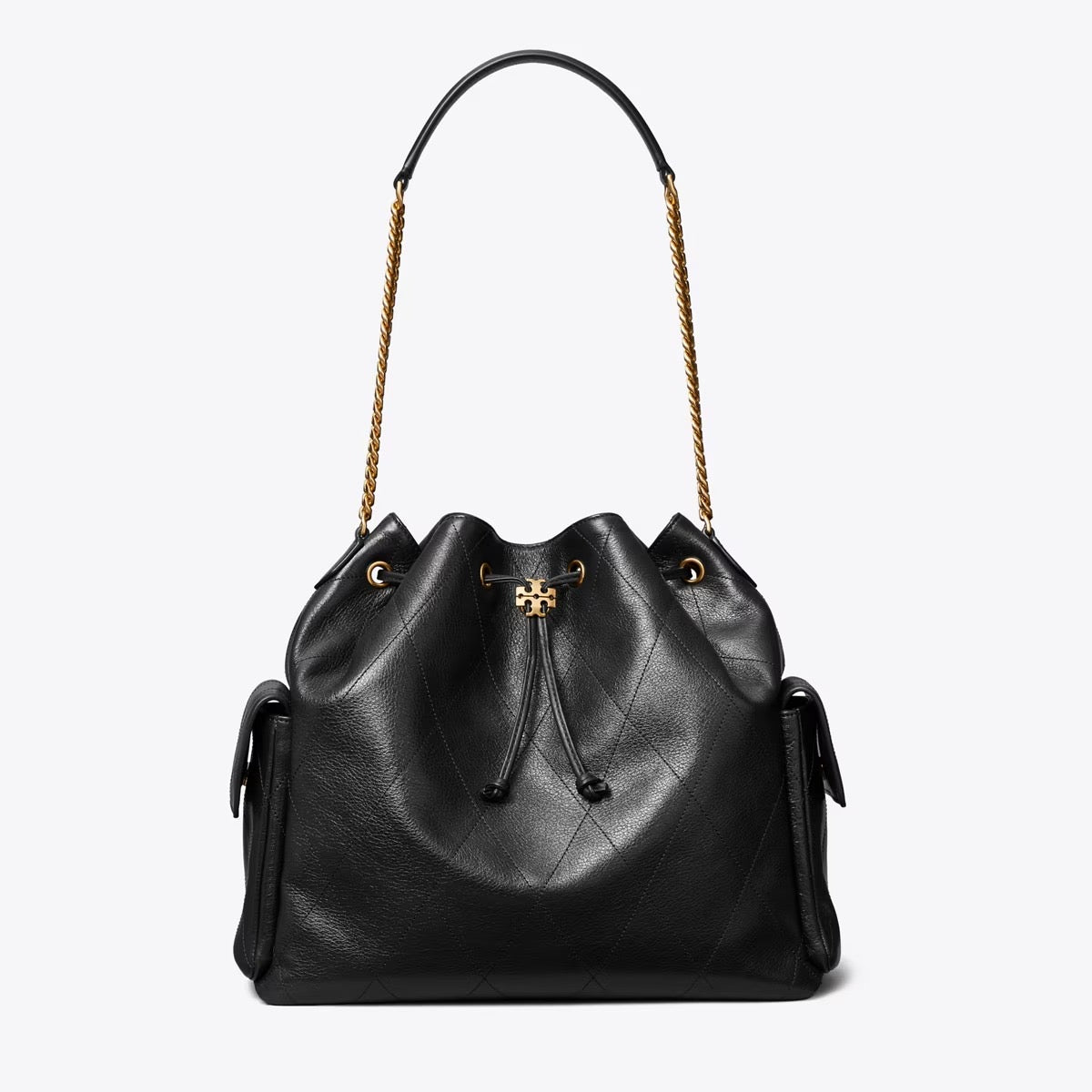Large Charlie Quilted Drawstring Shoulder Bag Black