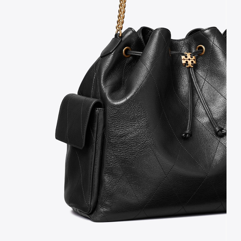 Large Charlie Quilted Drawstring Shoulder Bag Black