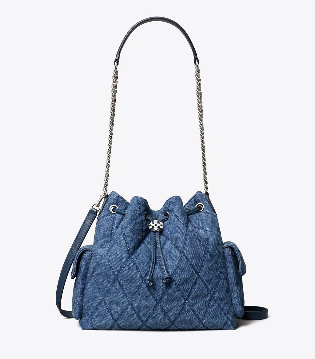 Charlie Quilted Denim Drawstring Shoulder Bag
