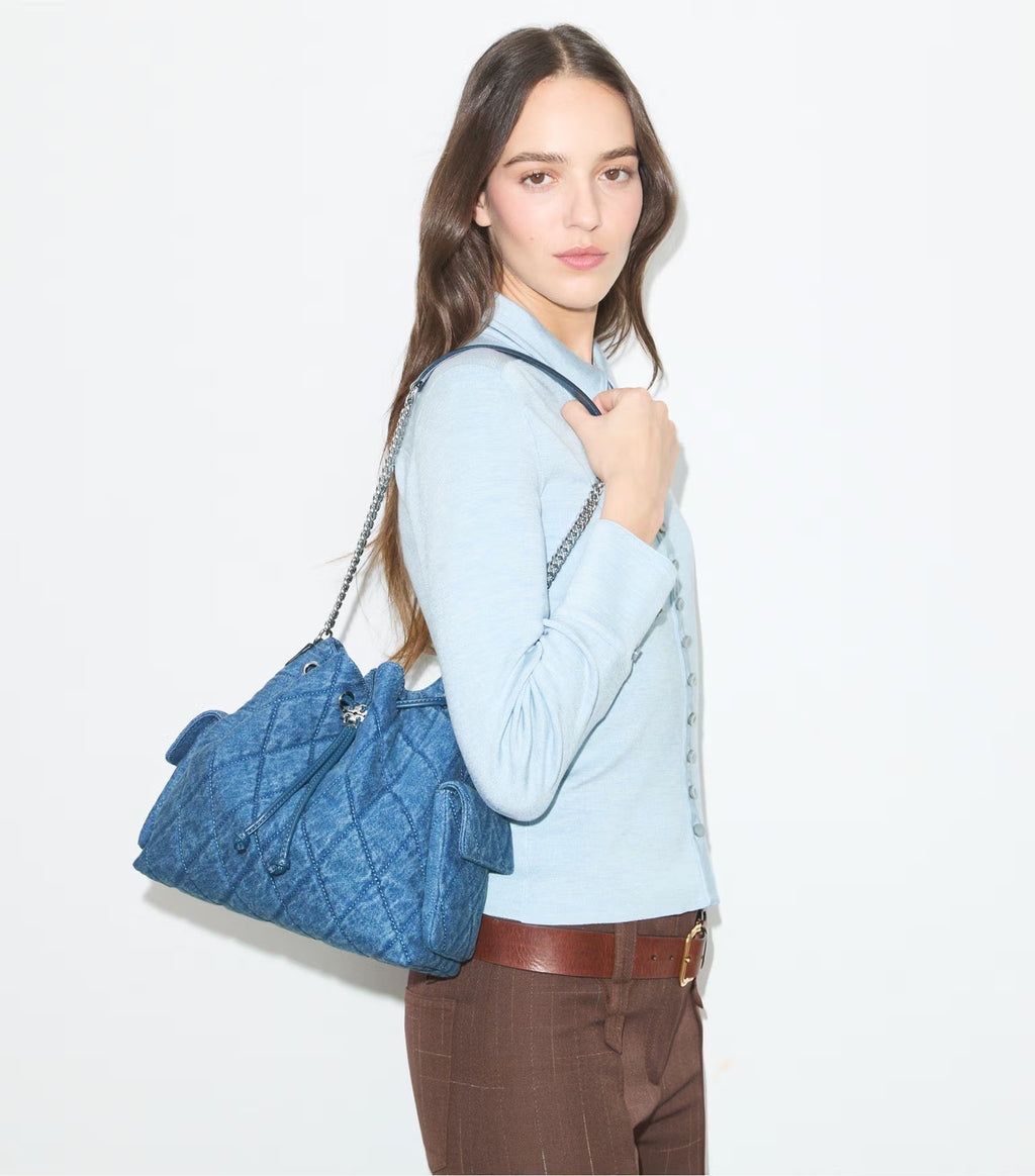 Charlie Quilted Denim Drawstring Shoulder Bag