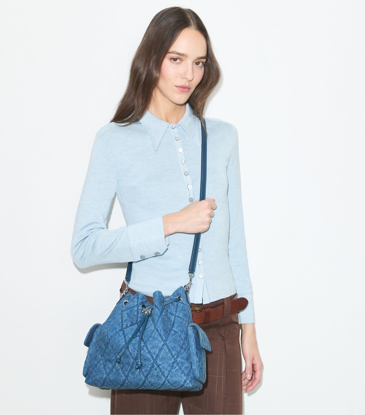Charlie Quilted Denim Drawstring Shoulder Bag