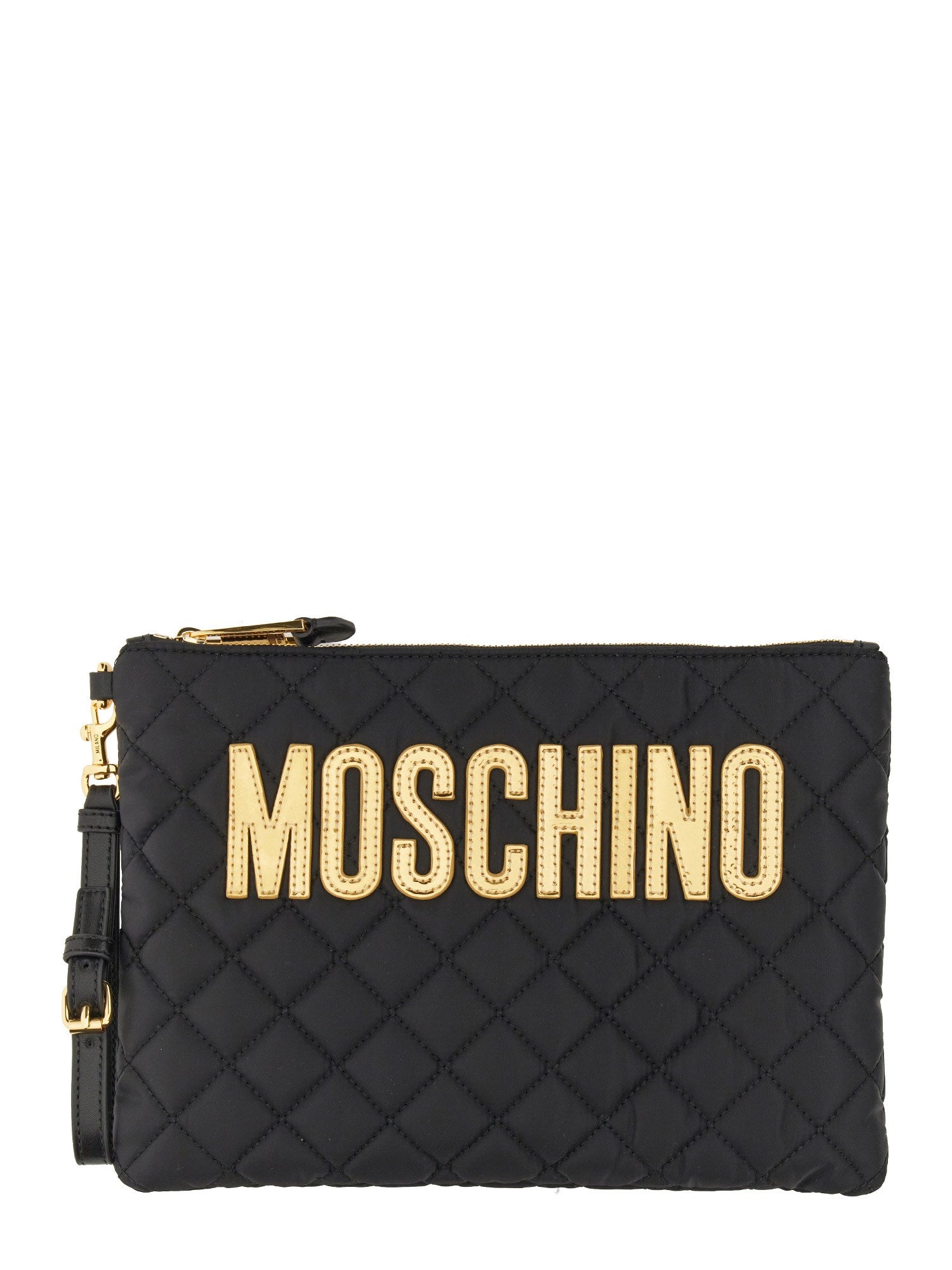 Moschino logo-patch quilted clutch