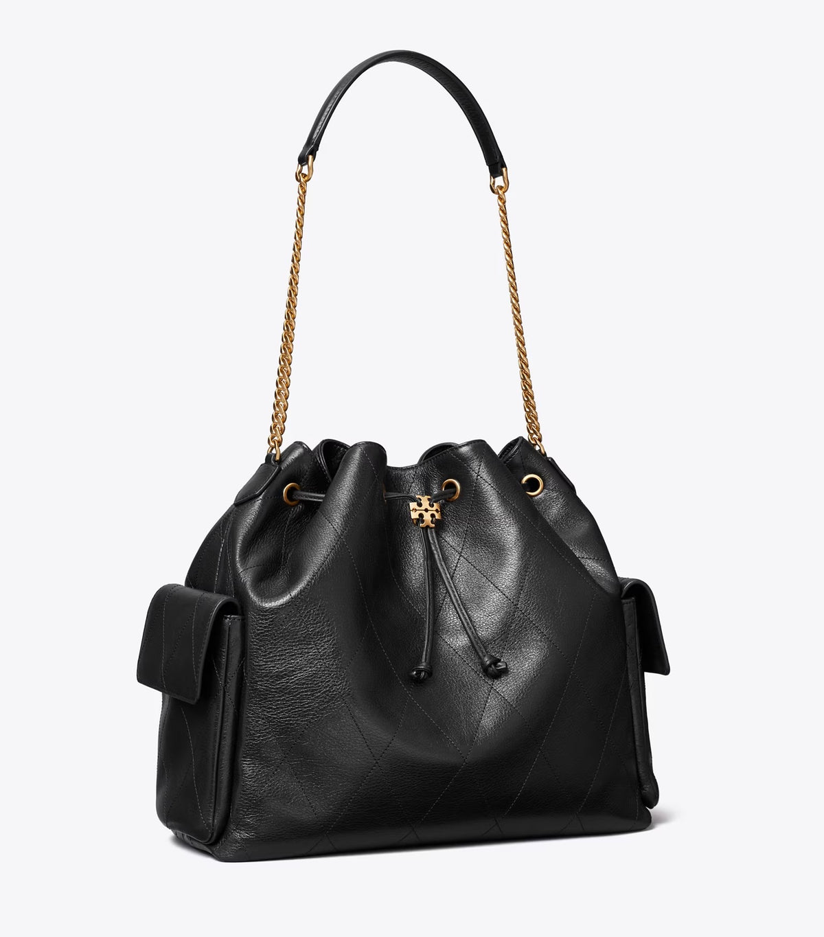 Large Charlie Quilted Drawstring Shoulder Bag Black