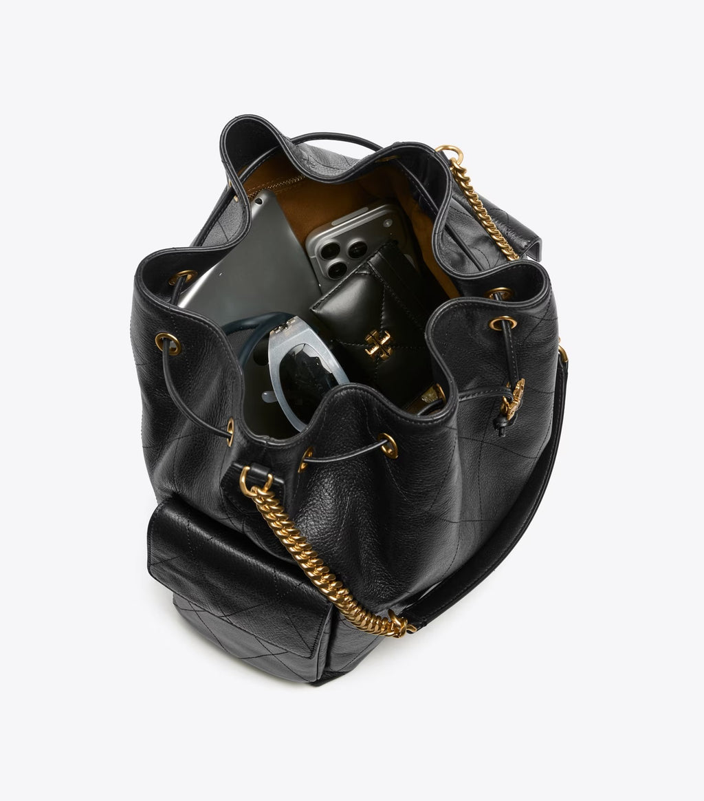 Large Charlie Quilted Drawstring Shoulder Bag Black