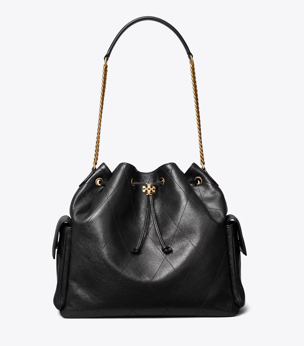 Large Charlie Quilted Drawstring Shoulder Bag Black