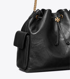 Large Charlie Quilted Drawstring Shoulder Bag Black